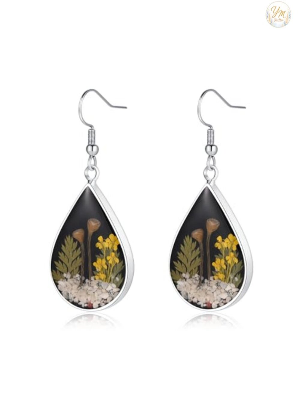 Handmade Pressed Flower Resin Drop Dangle Earrings Platinum Plated Stainless
